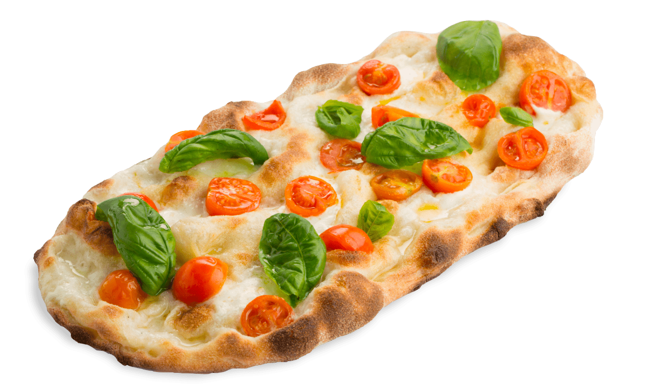 Photo of a Pinsa with cherry tomatoes and basil.